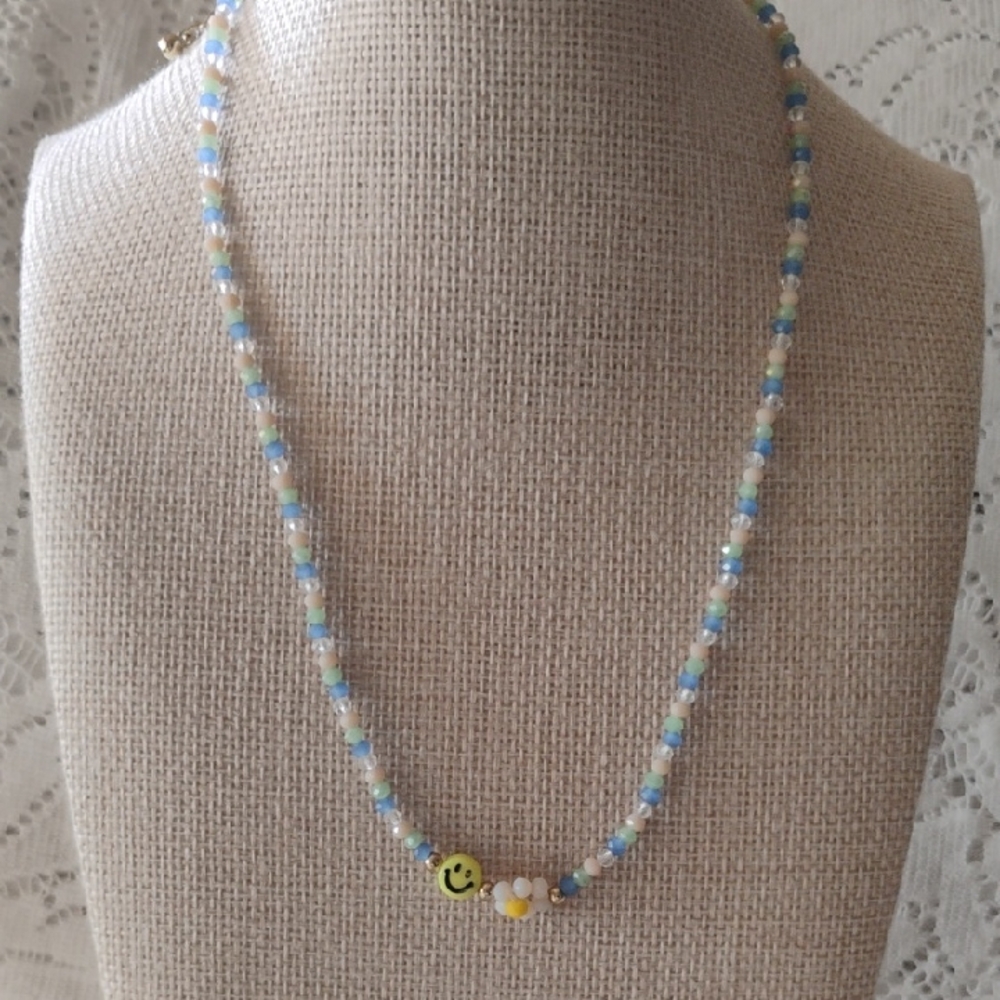 Glass beaded necklace with Emoji And flower.